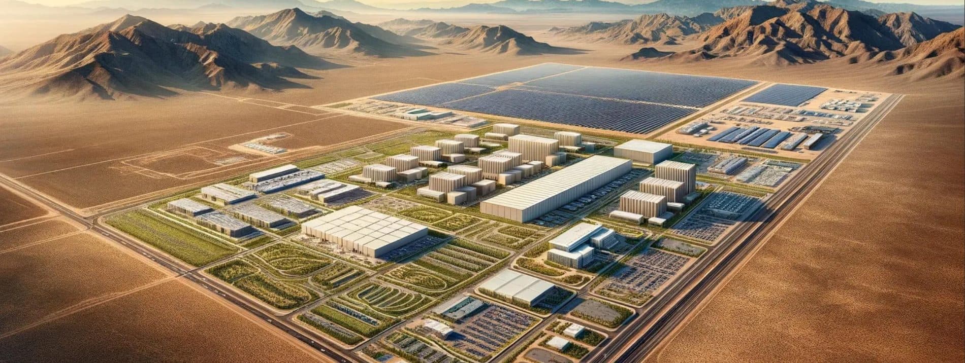 Conceptual illustration of a master-planned industrial campus in a high desert valley, with a solar array and rail line